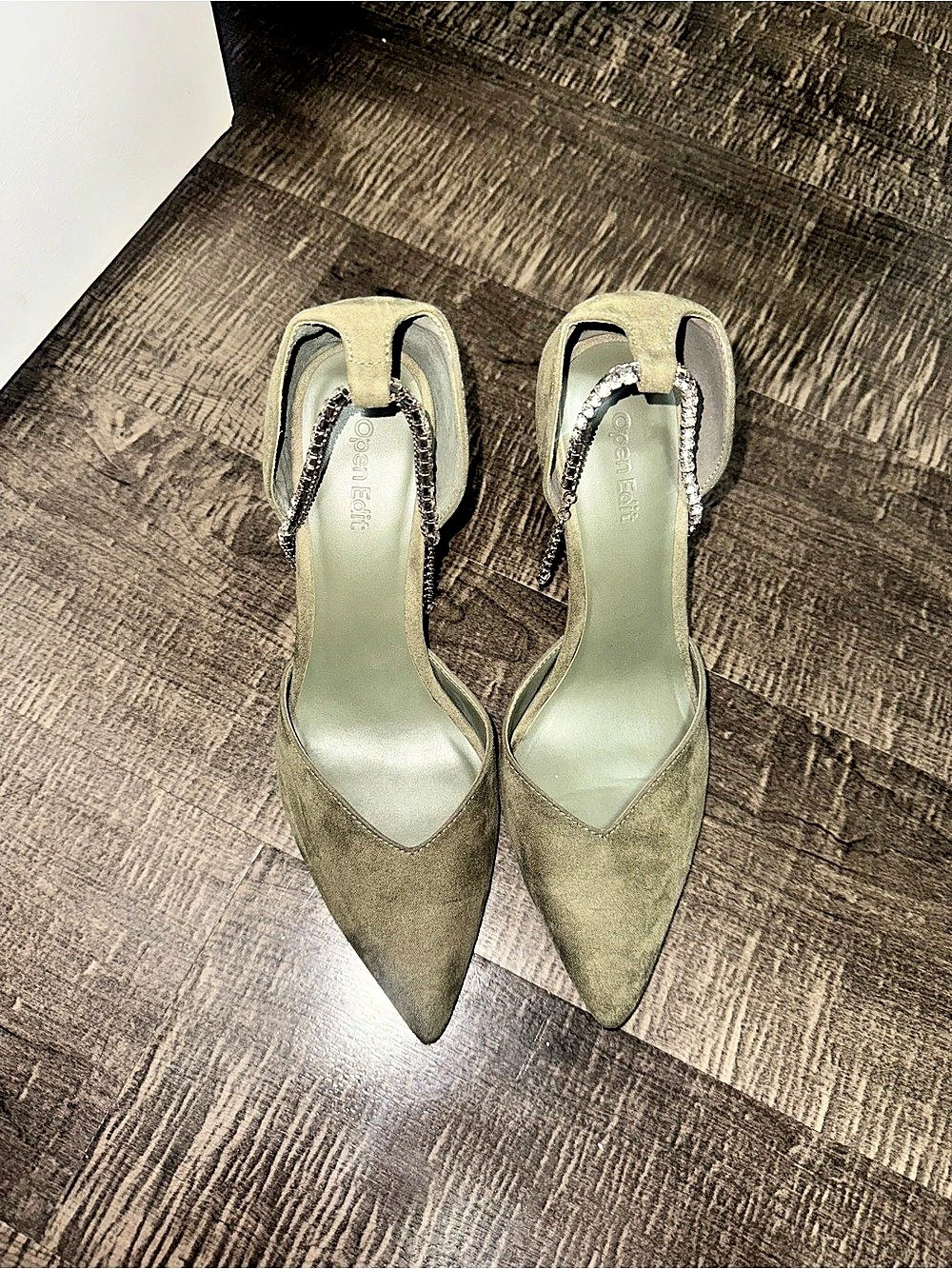 Pointed-Toe Rhinestone Strap Heels in Green